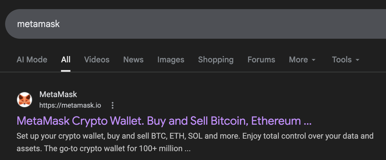 Google search results showing MetaMask as the first result at metamask.io