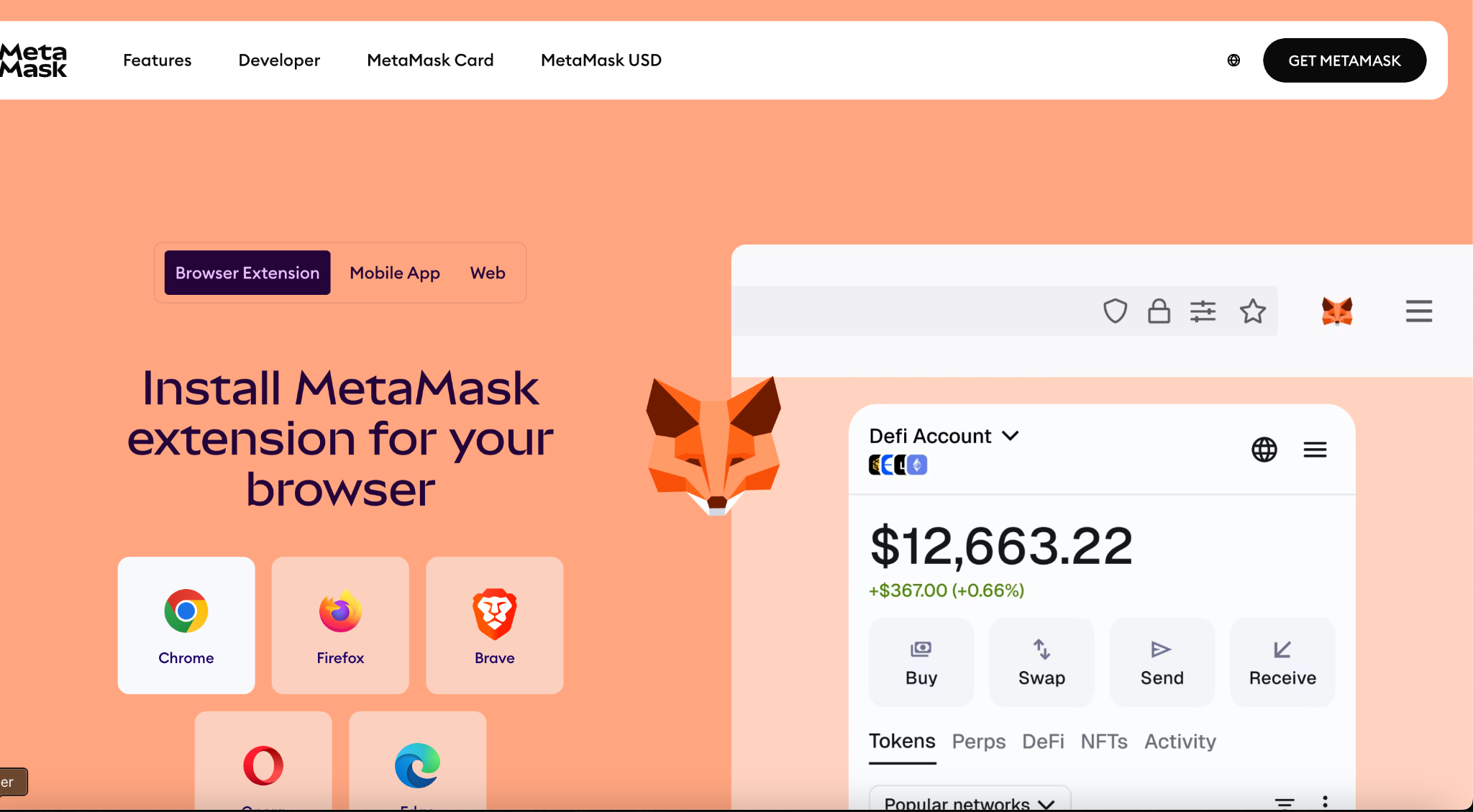 Chrome extensions menu showing MetaMask with pin option