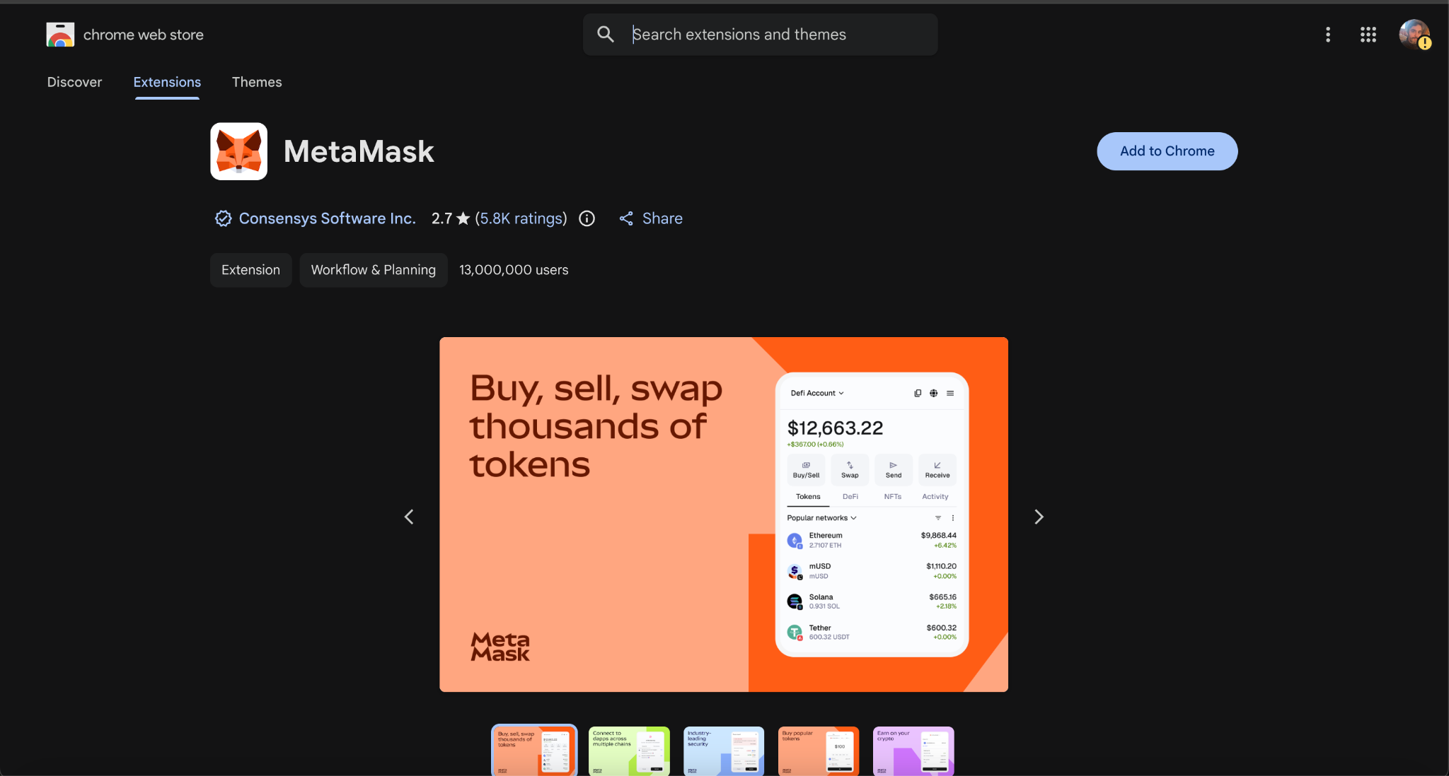 MetaMask welcome screen with Continue with Google, Continue with Apple, and Use Secret Recovery Phrase buttons