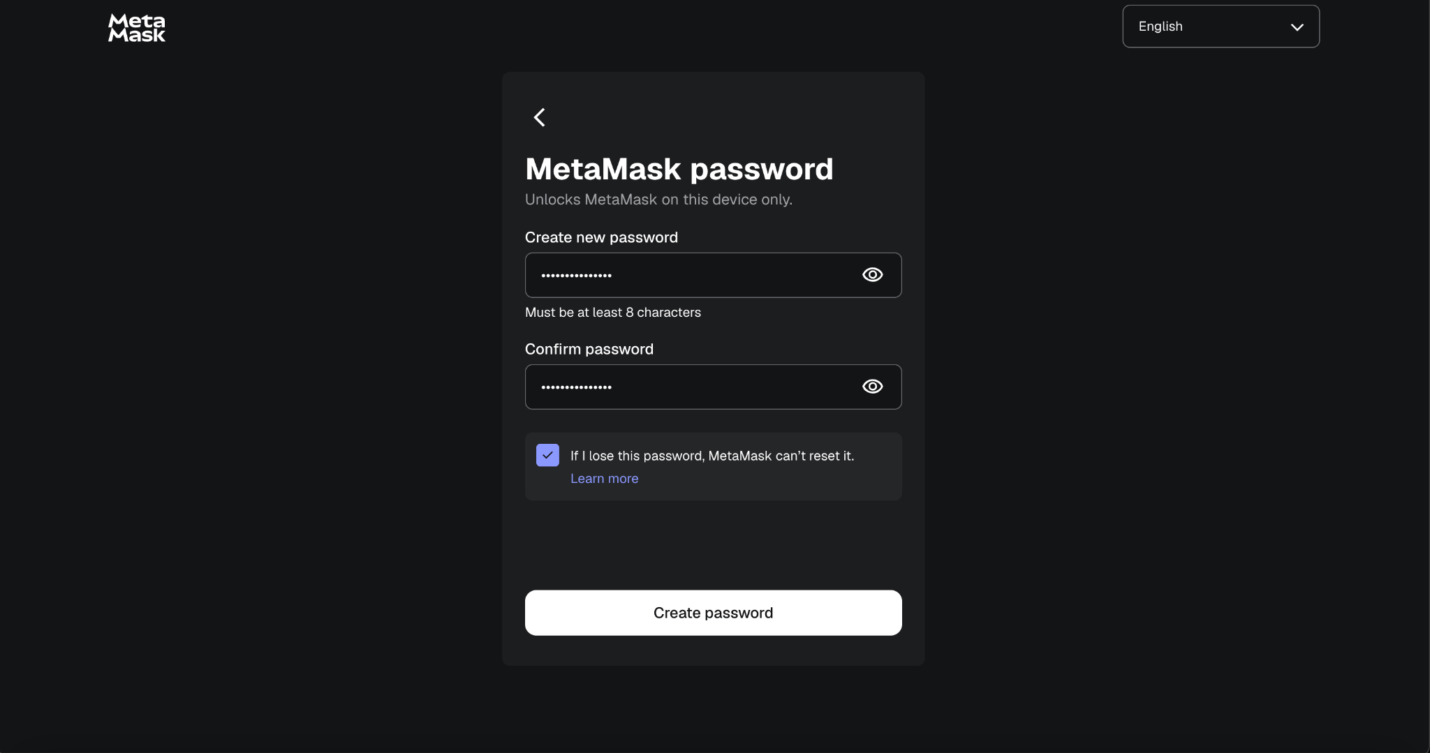 MetaMask Secret Recovery Phrase screen with 12 words hidden behind a reveal button