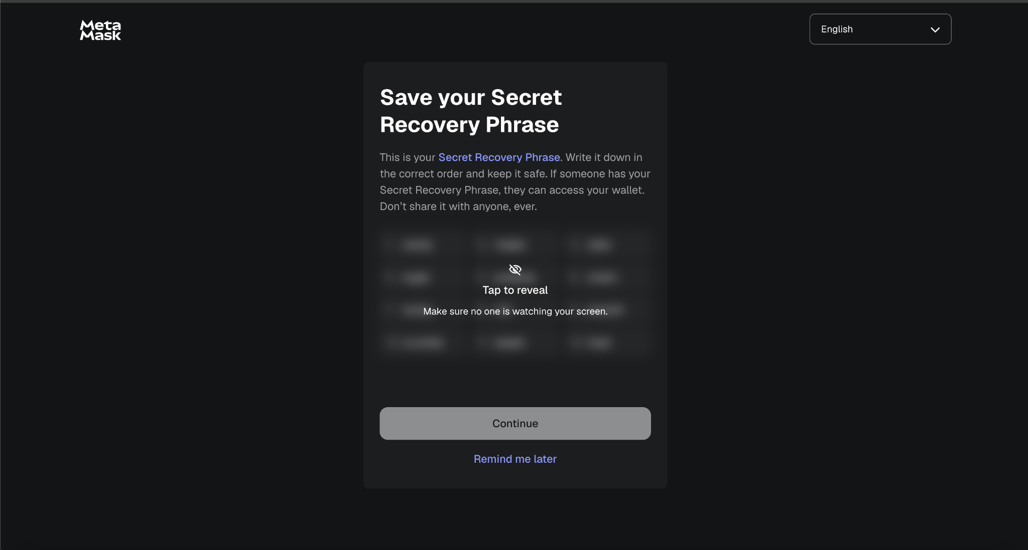 Save your Secret Recovery Phrase screen with Tap to reveal button and security warning