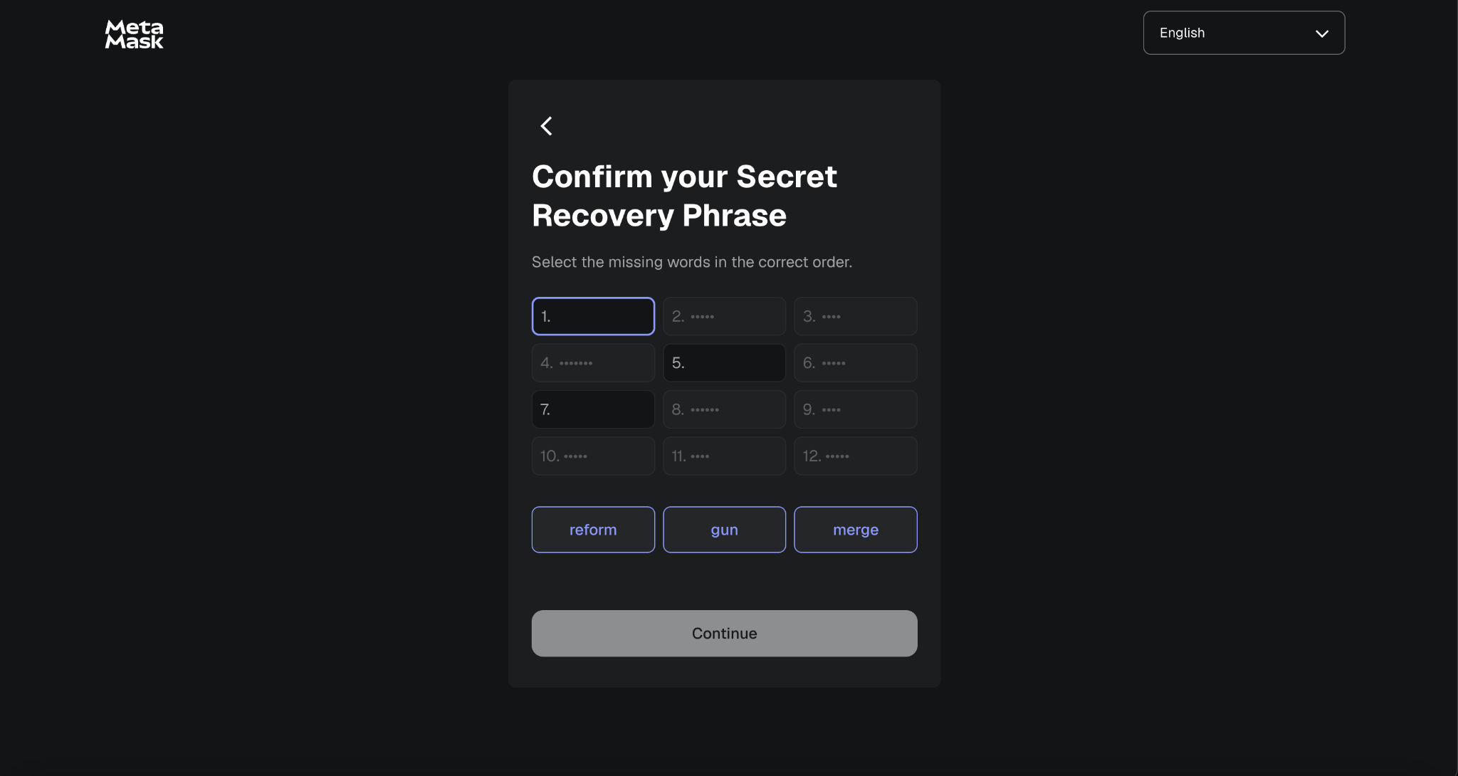 MetaMask confirmation screen with blanks to fill in recovery phrase words