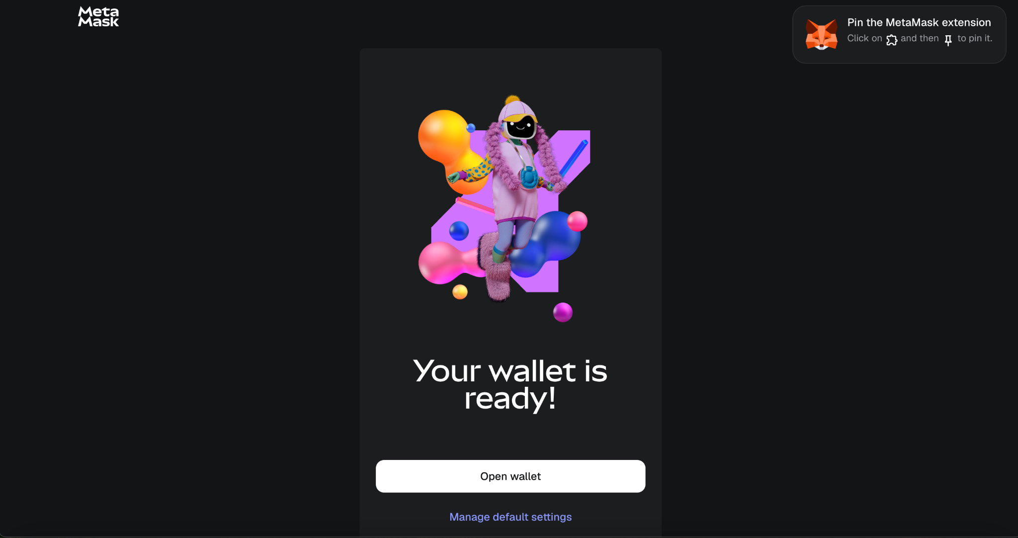 Your wallet is ready screen with Open wallet button