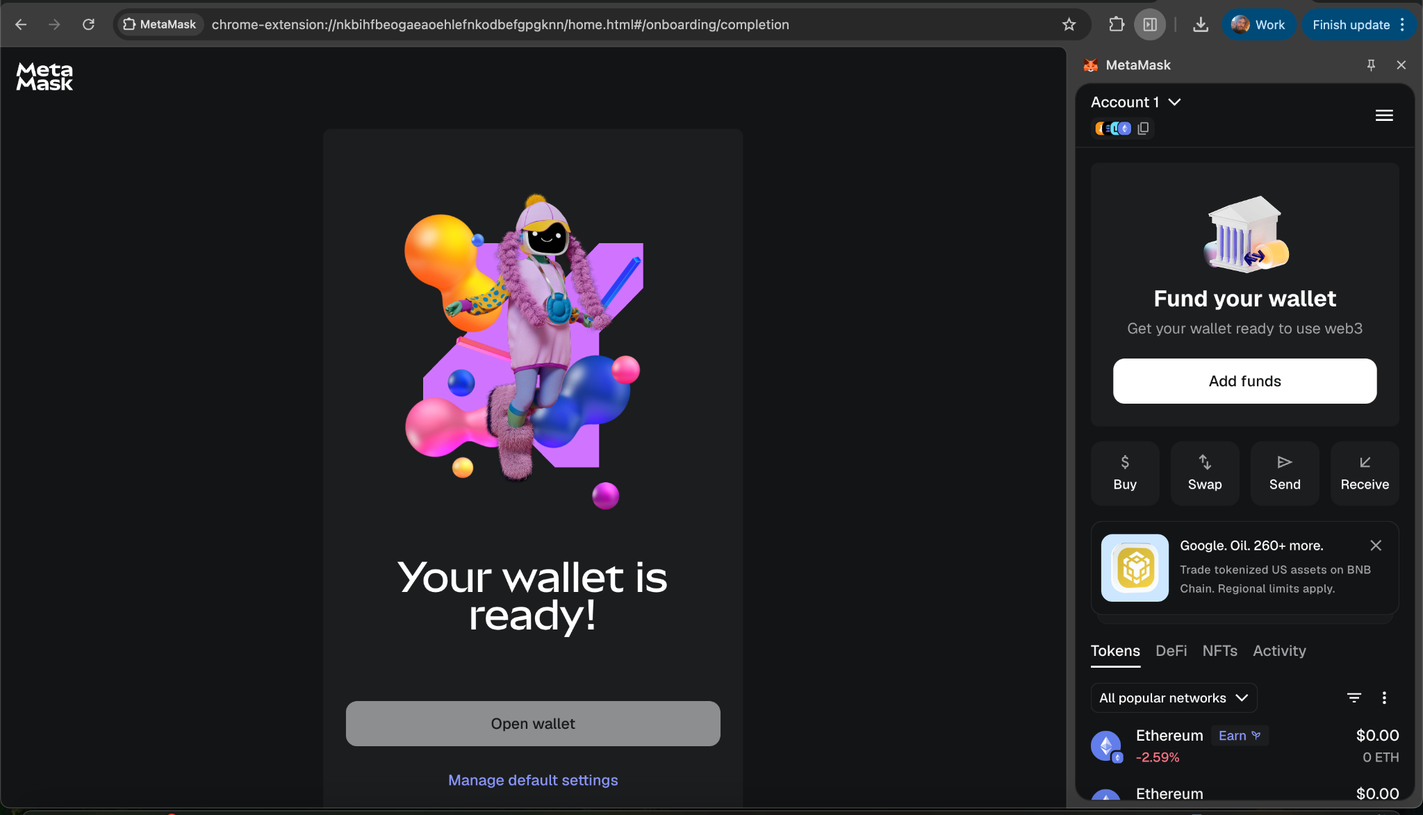 MetaMask opens as a sidebar in the browser showing 0 ETH balance