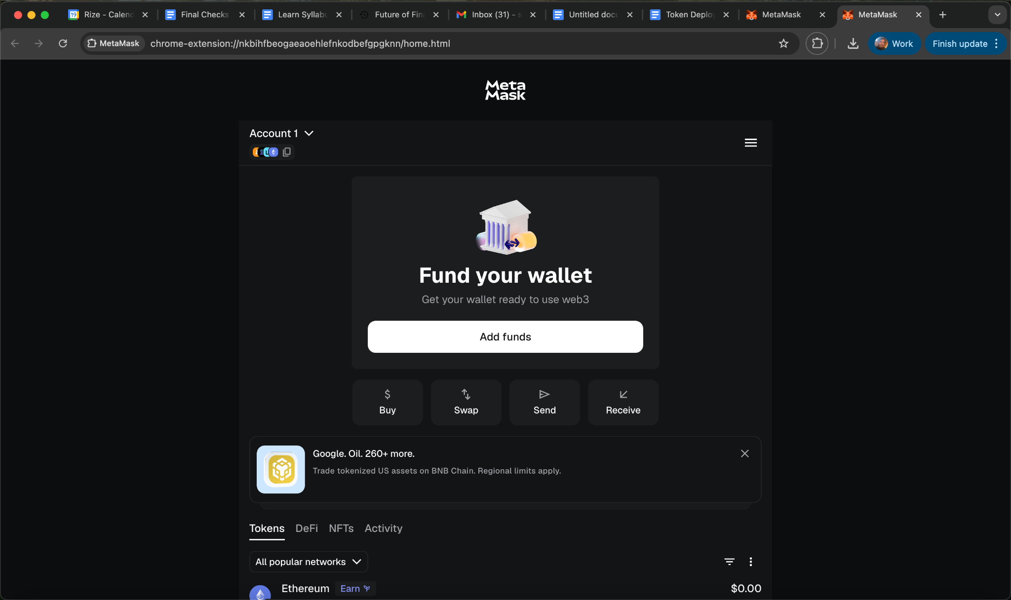 MetaMask full-screen dashboard showing Fund your wallet prompt, Buy, Swap, Send, Receive buttons, and All popular networks dropdown at bottom