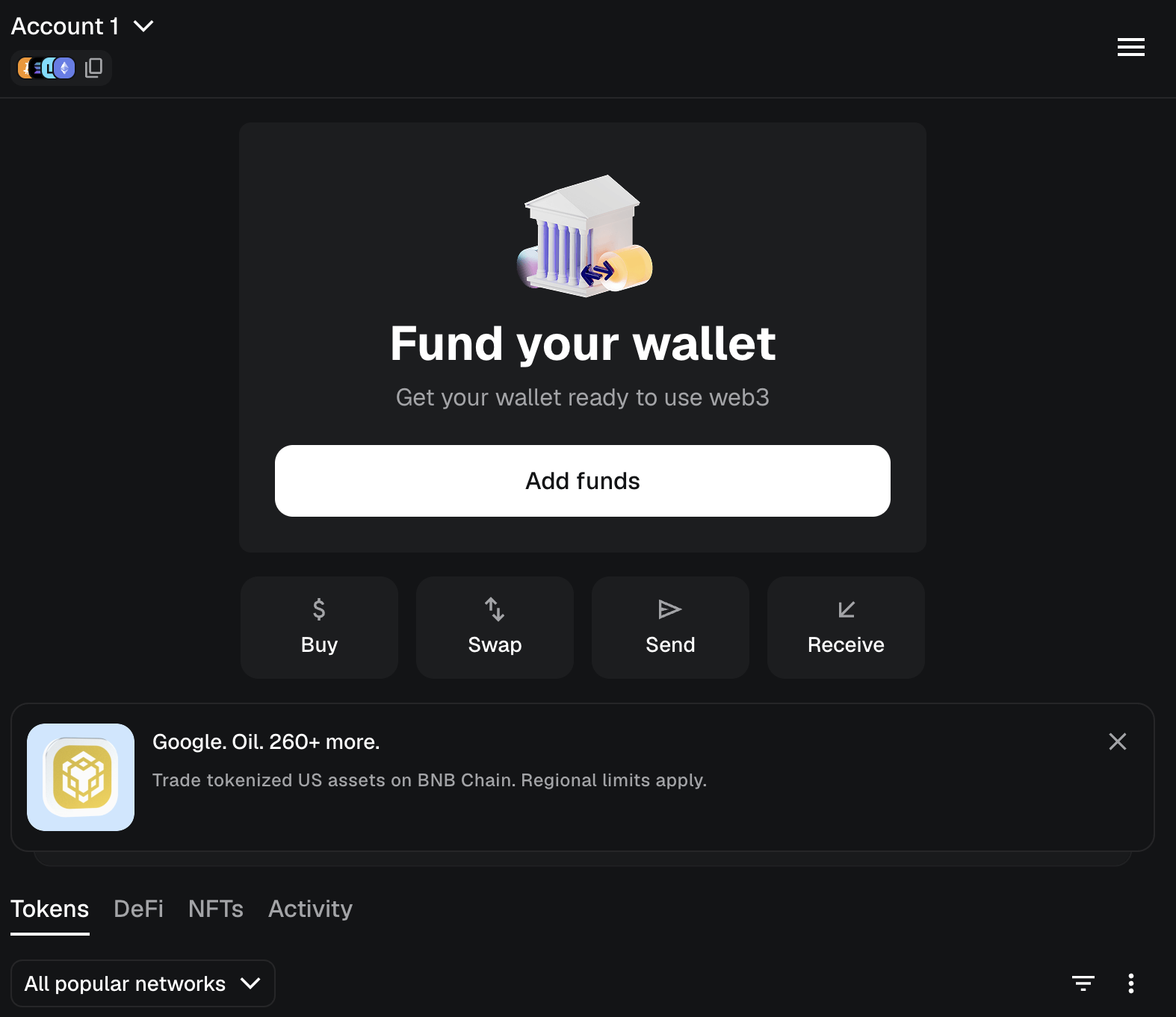 MetaMask dashboard close-up showing Account 1, 0 ETH balance, and All popular networks dropdown with filter and menu icons