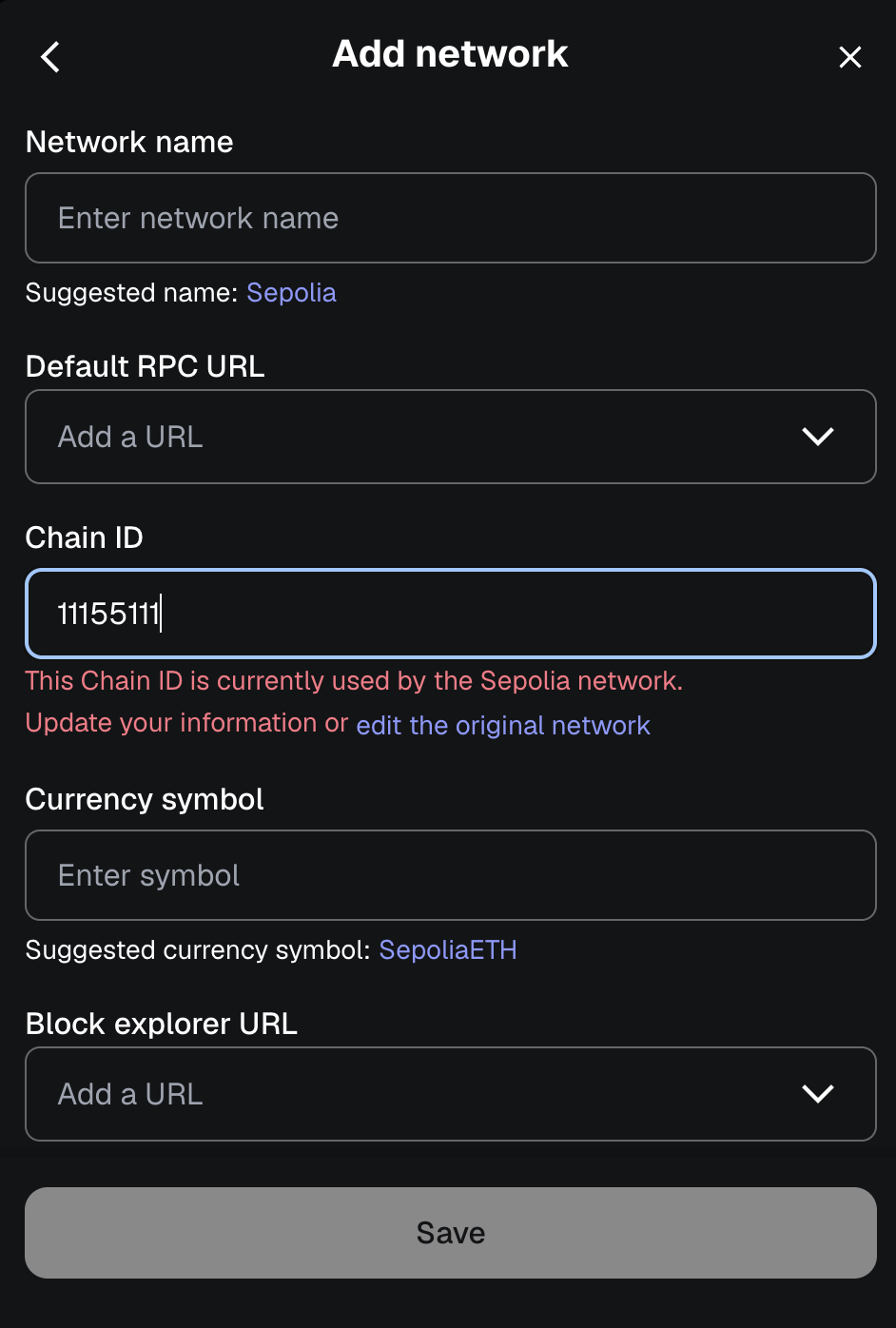 Add network form with Chain ID 11155111 entered, showing message that this ID is used by Sepolia with edit the original network link