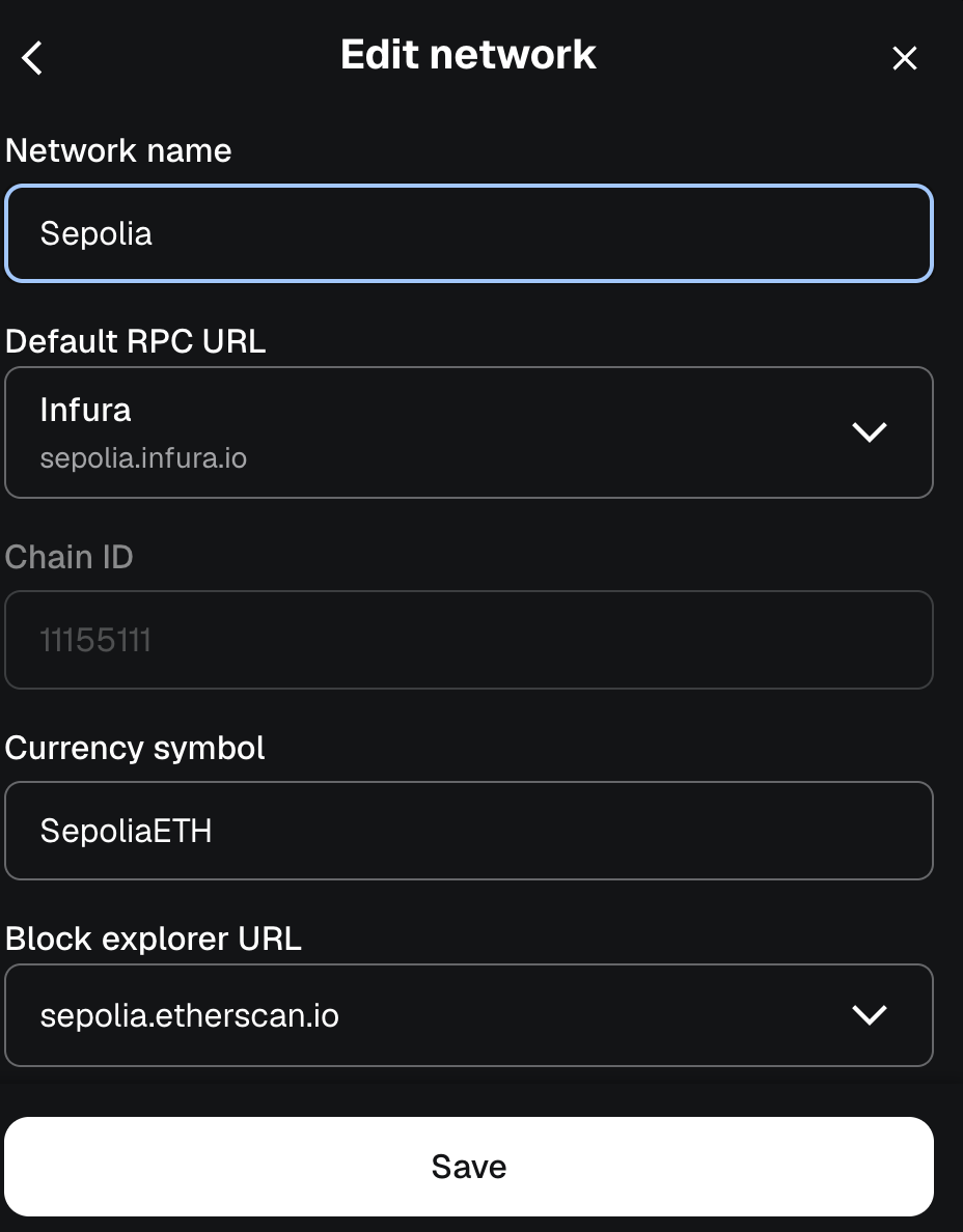 Edit network form with Sepolia details auto-filled: name Sepolia, RPC Infura, Chain ID 11155111, symbol SepoliaETH, explorer sepolia.etherscan.io