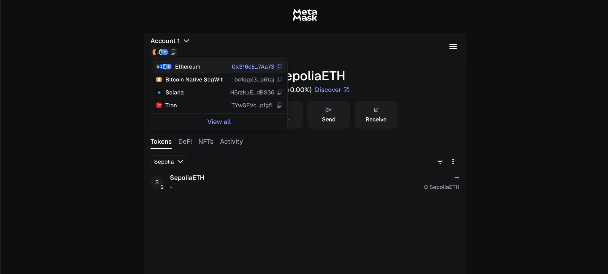 MetaMask main screen showing Sepolia network selected with 0 SepoliaETH balance