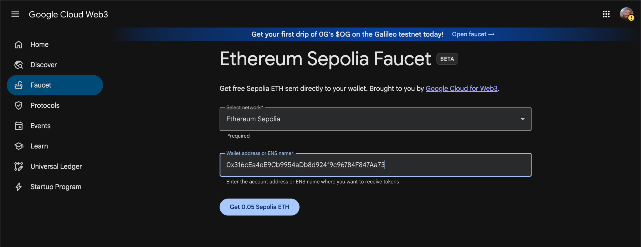 Google Cloud Web3 faucet page with wallet address pasted and Receive button ready to click