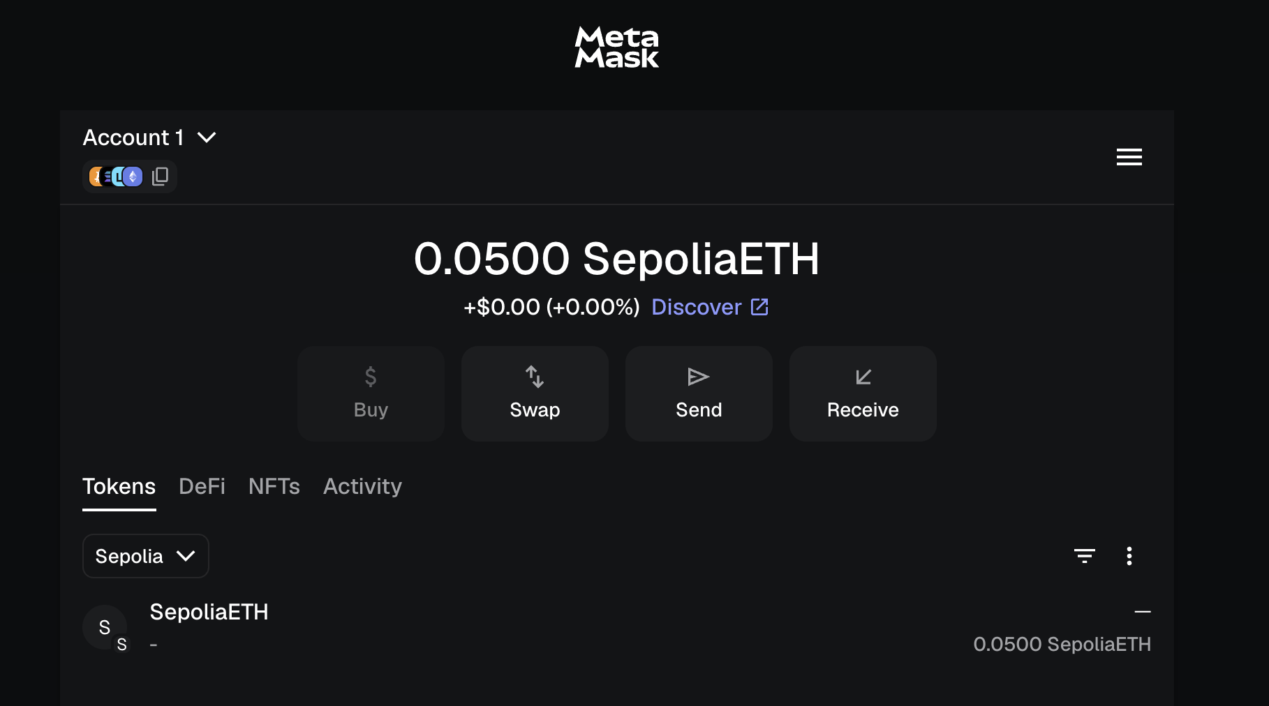 MetaMask showing 0.0500 SepoliaETH balance after receiving test ETH from faucet