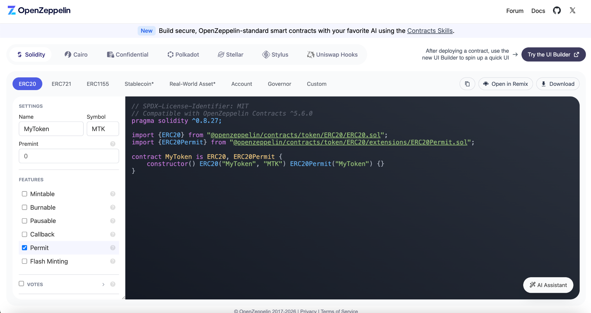 OpenZeppelin Wizard interface with ERC20 selected, showing token name, symbol, and premint fields on the left, and generated Solidity code on the right