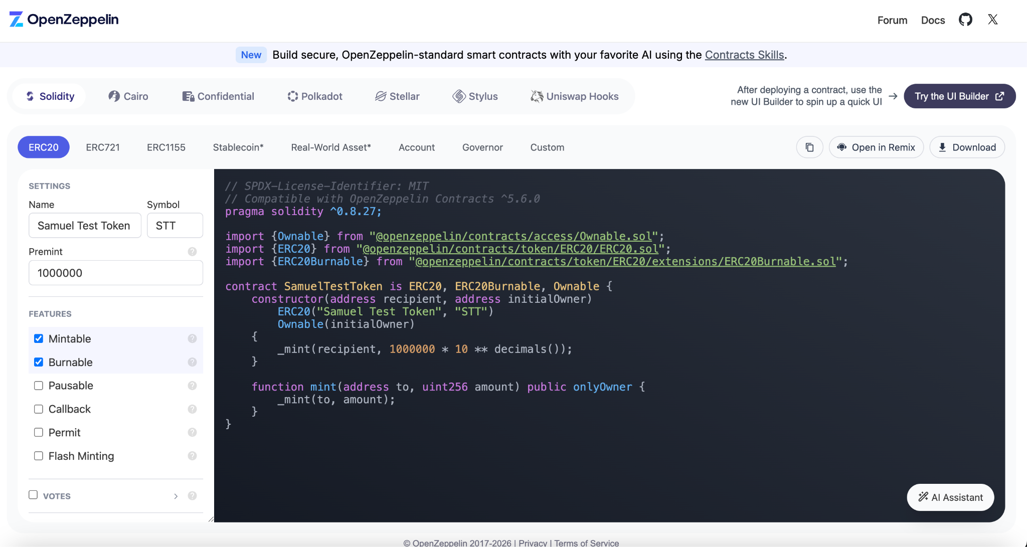 OpenZeppelin Wizard with Mintable and Burnable checked, showing updated Solidity code with mint and burn functions