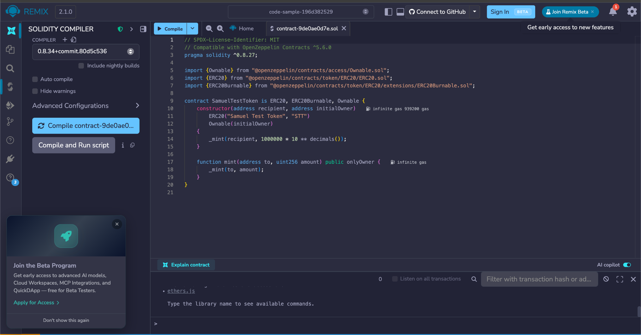 Remix IDE code editor showing the generated Solidity smart contract with token name and import statements visible