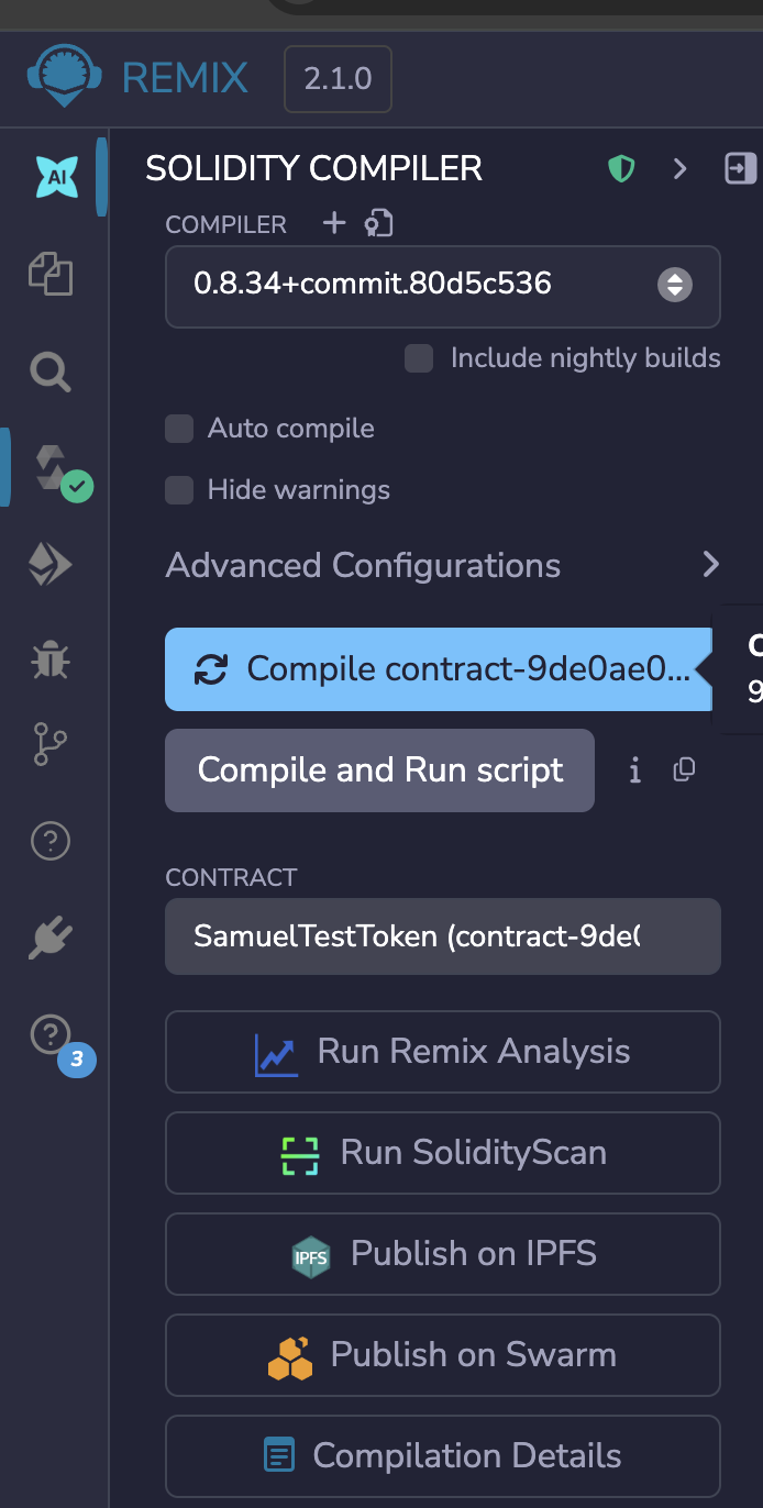 Remix Solidity Compiler panel showing the blue Compile contract button