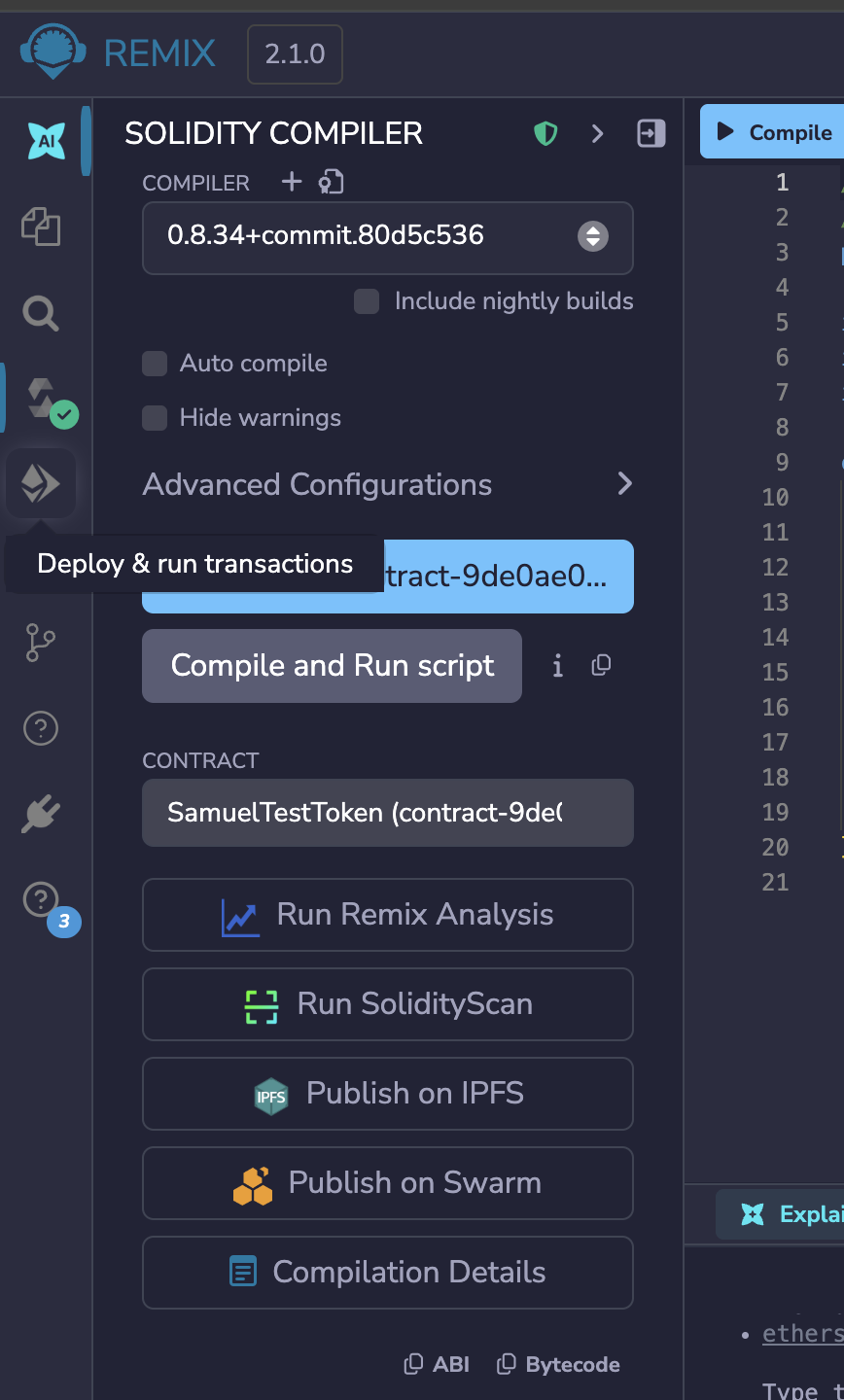 Remix compiler panel showing a green checkmark next to the compiler icon and the token name in the CONTRACT dropdown