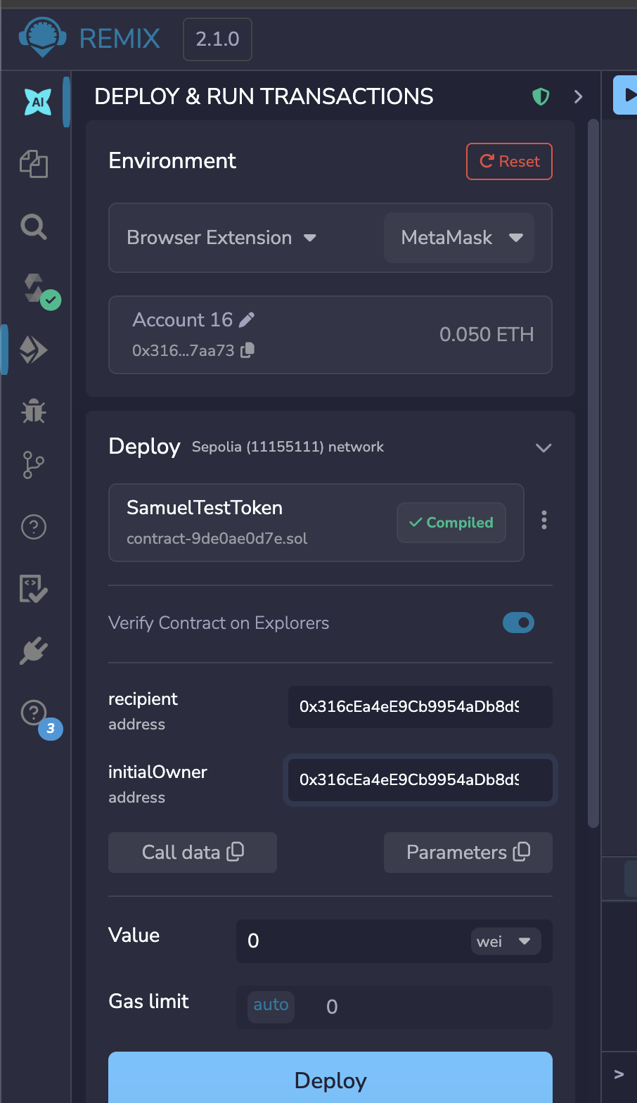 Remix Deploy panel showing Browser Extension with MetaMask connected, Account with 0.050 ETH on Sepolia network, and both recipient and initialOwner fields filled with the wallet address