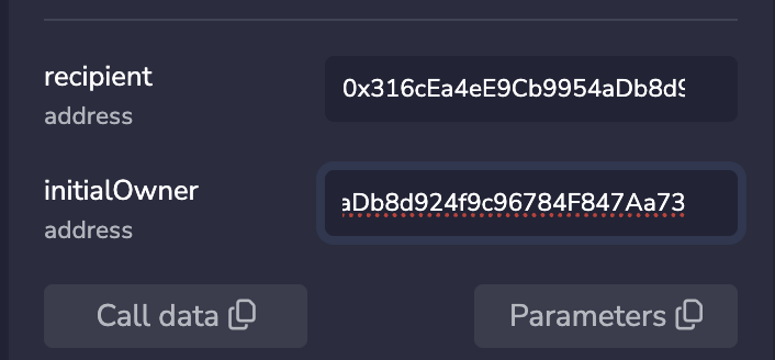 Close-up of recipient and initialOwner address fields both filled with the same Ethereum wallet address starting with 0x316c