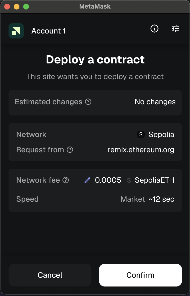 MetaMask transaction confirmation popup showing a small gas fee in SepoliaETH with a Confirm button