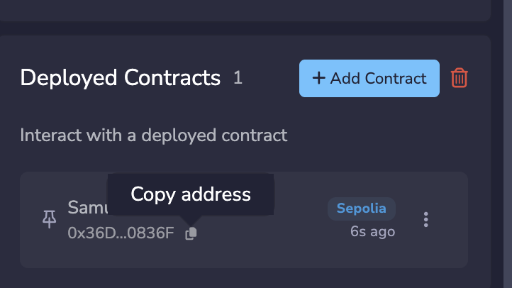 Remix Deployed Contracts section showing SamuelTestToken with address 0x36D...0836F on Sepolia, with a Copy address tooltip visible