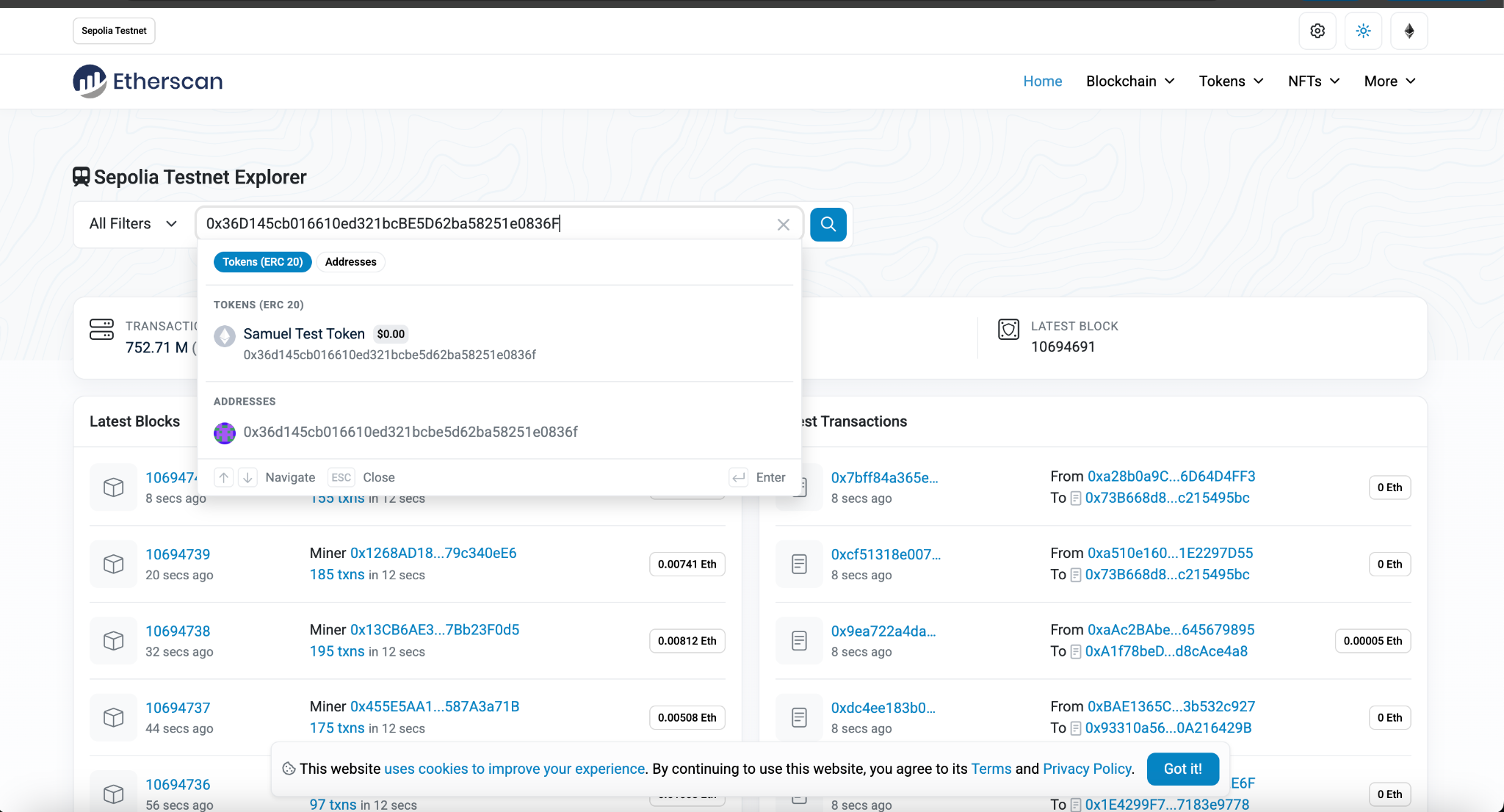 Sepolia Etherscan page showing the deployed token contract with creator address, transaction hash, and token tracker information