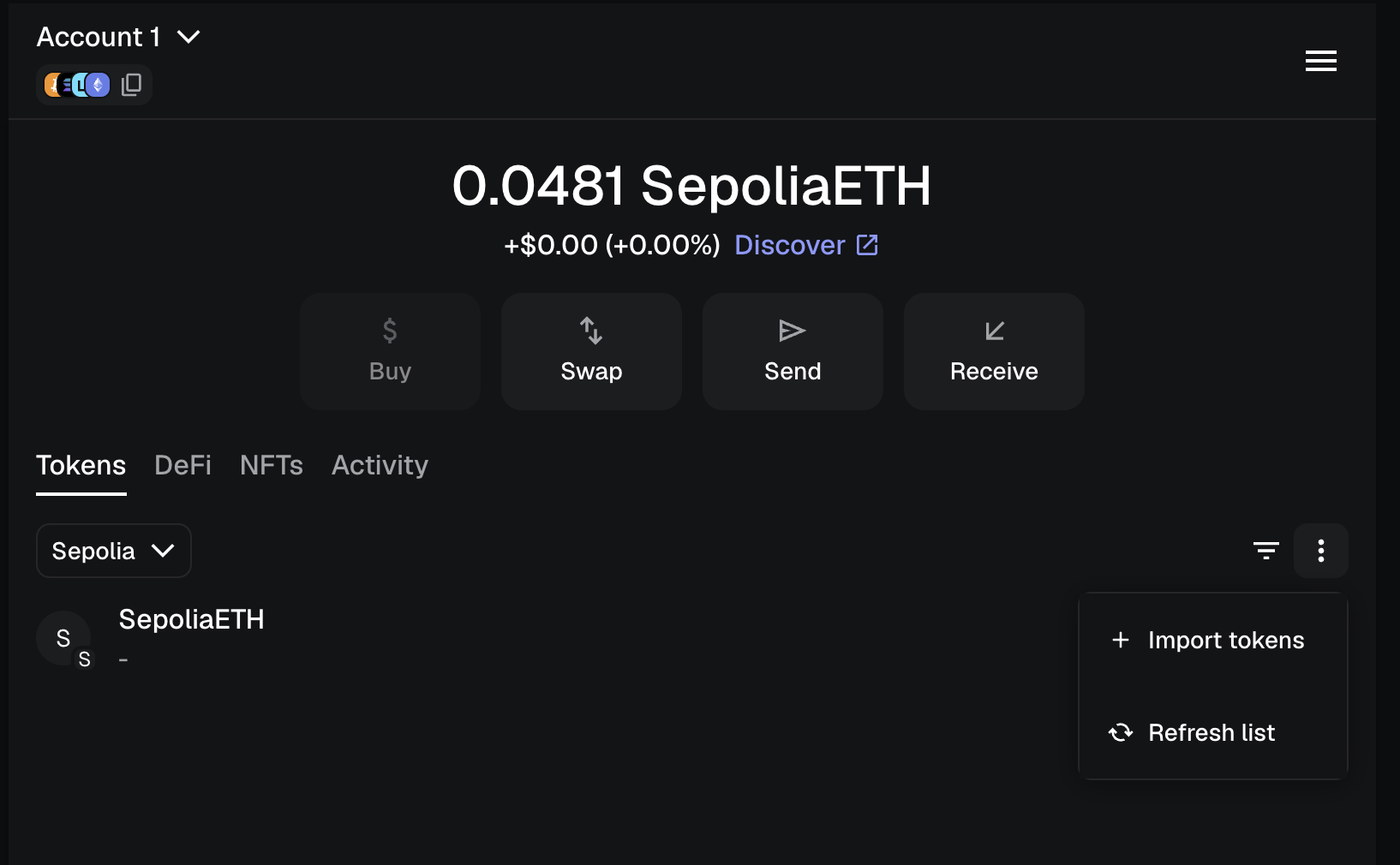 MetaMask three-dot menu expanded showing Import tokens and Refresh list options