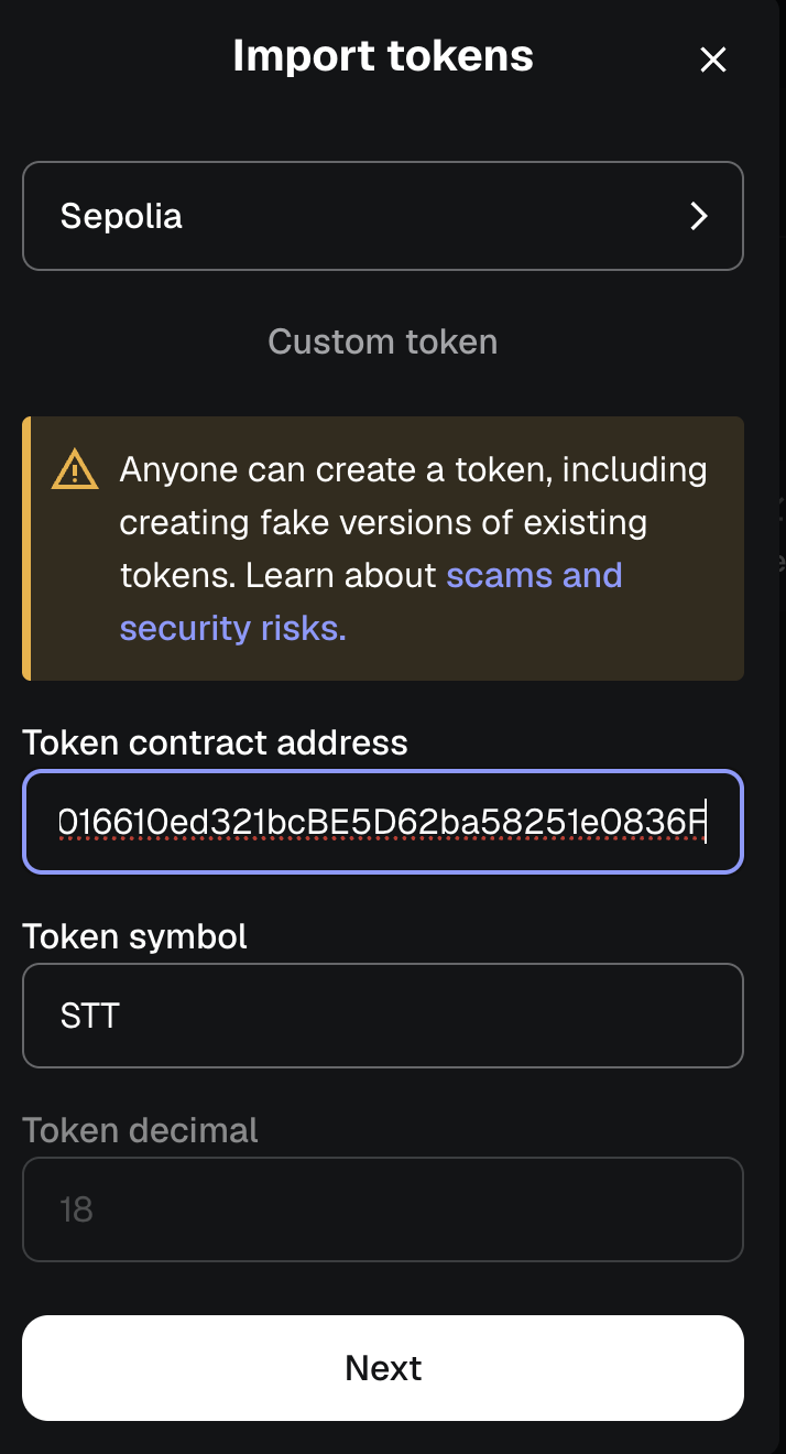 MetaMask Import tokens form with contract address pasted and token symbol auto-detected