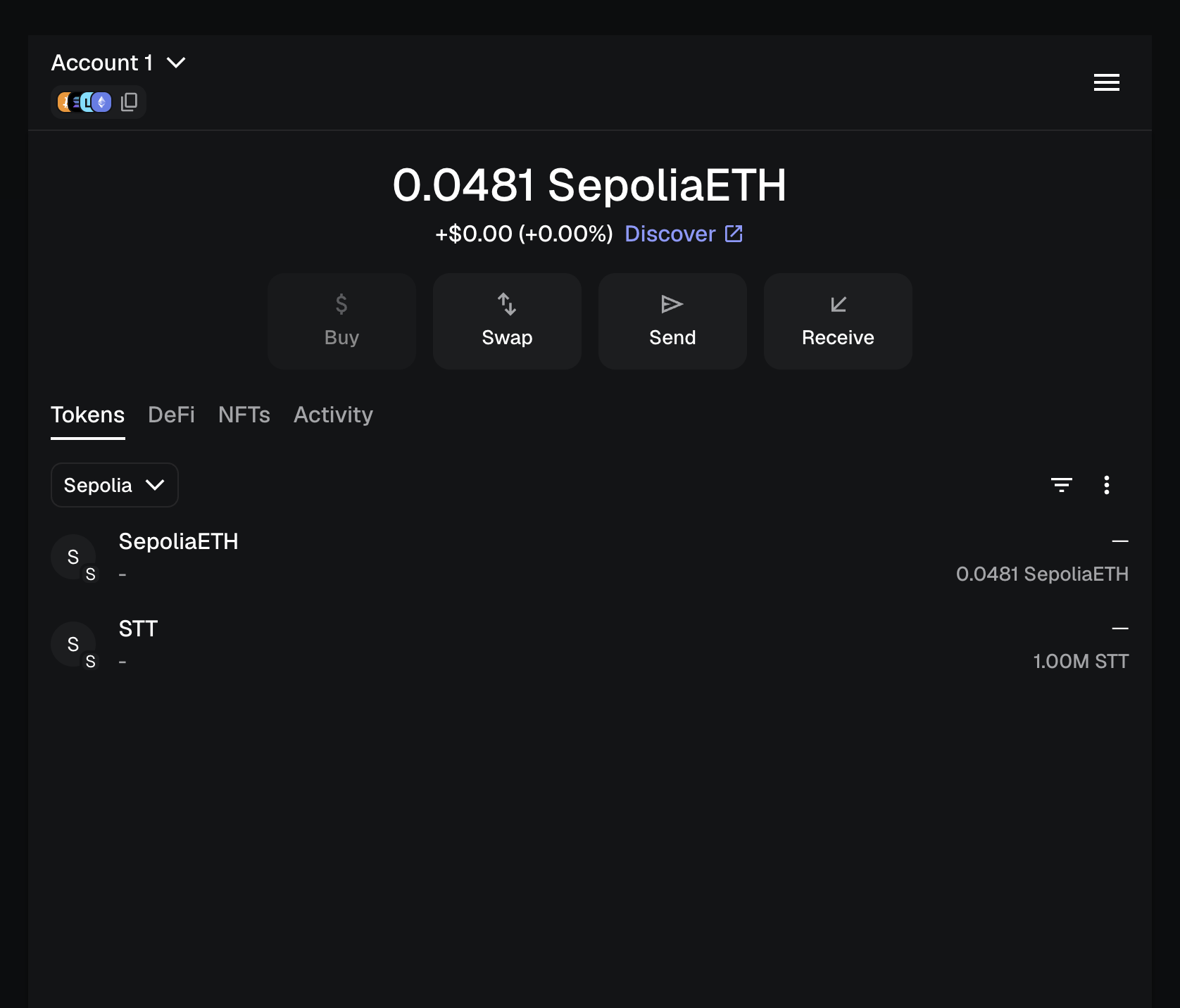 MetaMask main screen showing SepoliaETH balance of 0.0481 and STT token balance of 1.00M